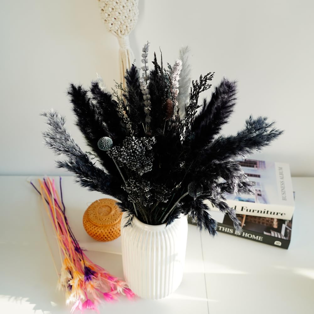 17" Black and Dark Grey Dried Flower Bouquet / Natural / Set of 7