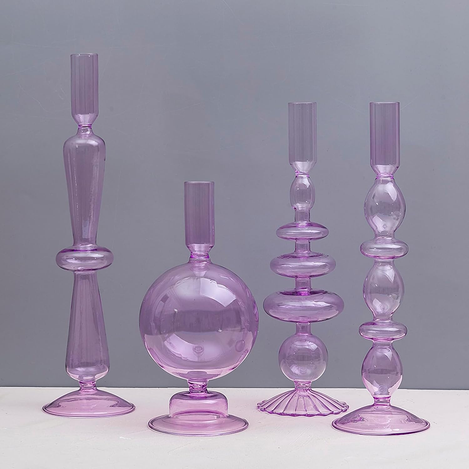 Candle Stick Candle Holder, Glass Candle Holders for Table Centerpiece, Modern Style Purple Candle Holder Mixed 4pcs