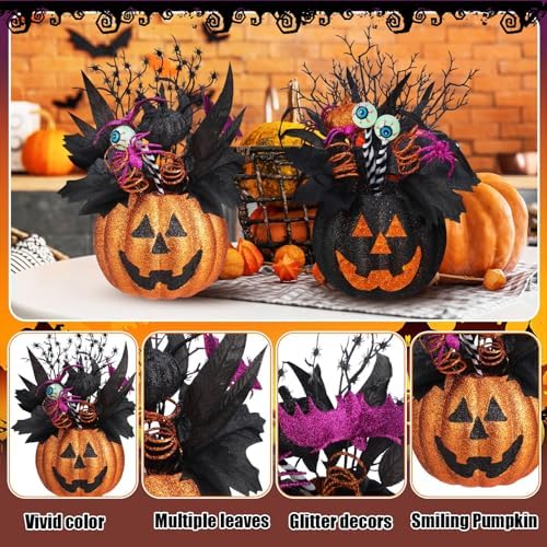 Giegxin 2 Pack Halloween Table Centerpieces Decorations 14'' x 10'' Jack O Lantern Artificial Flowers Pumpkin with Spider and Eyeball Halloween Tabletop Decor for Home Kitchen Indoor Outdoor