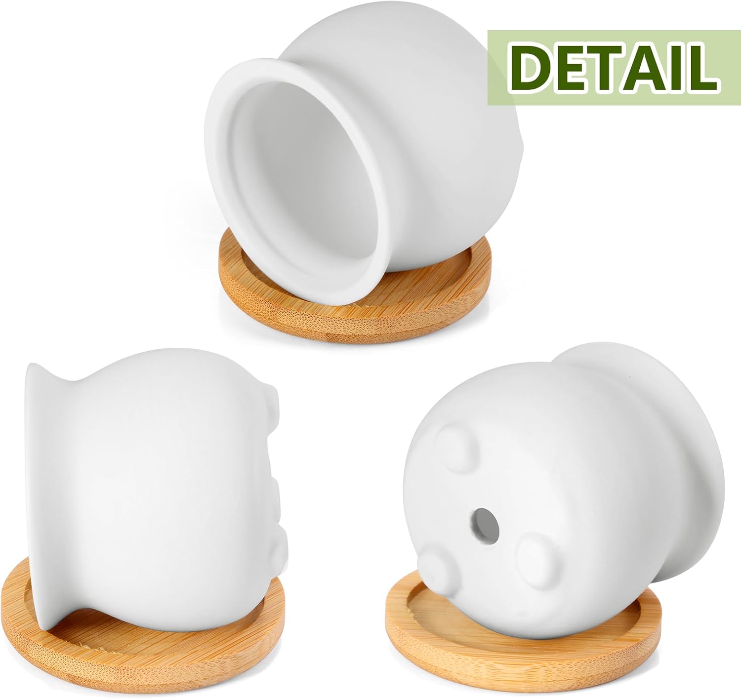 Bamboo Tray Ceramic Pots Color Your Own DIY Small Planters / 2.5 Inch / White / Set of 12