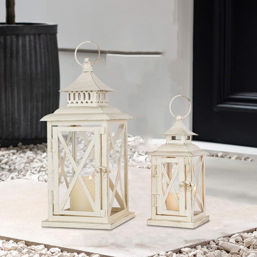 Lanterns Decorative Outdoor&Indoor, Set of 2 (14"&10") Beige Metal Lantern Decor with Glass, Candle Holder for Porch