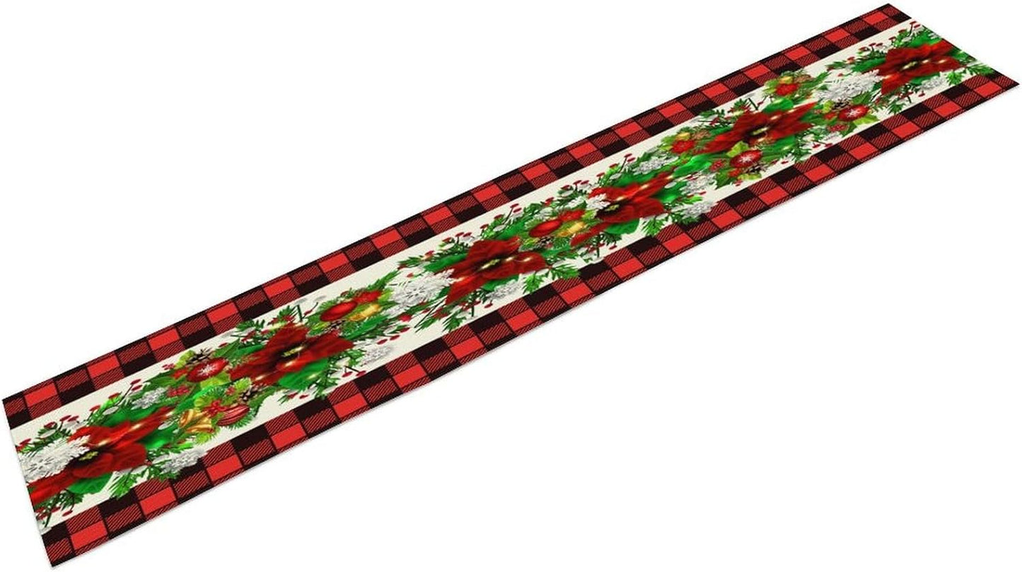 Christmas Linen Table Runner, Red and Black Buffalo Plaid Winter Xmas Holiday Farmhouse Style Patterns Printed Linen