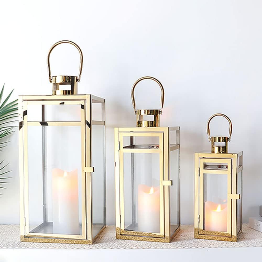 TRIROCKS Elegant Gold Stainless Steel Lantern Set- 3 Sizes (12", 15", 19") - Tempered Glass Panel Metal Lanterns for