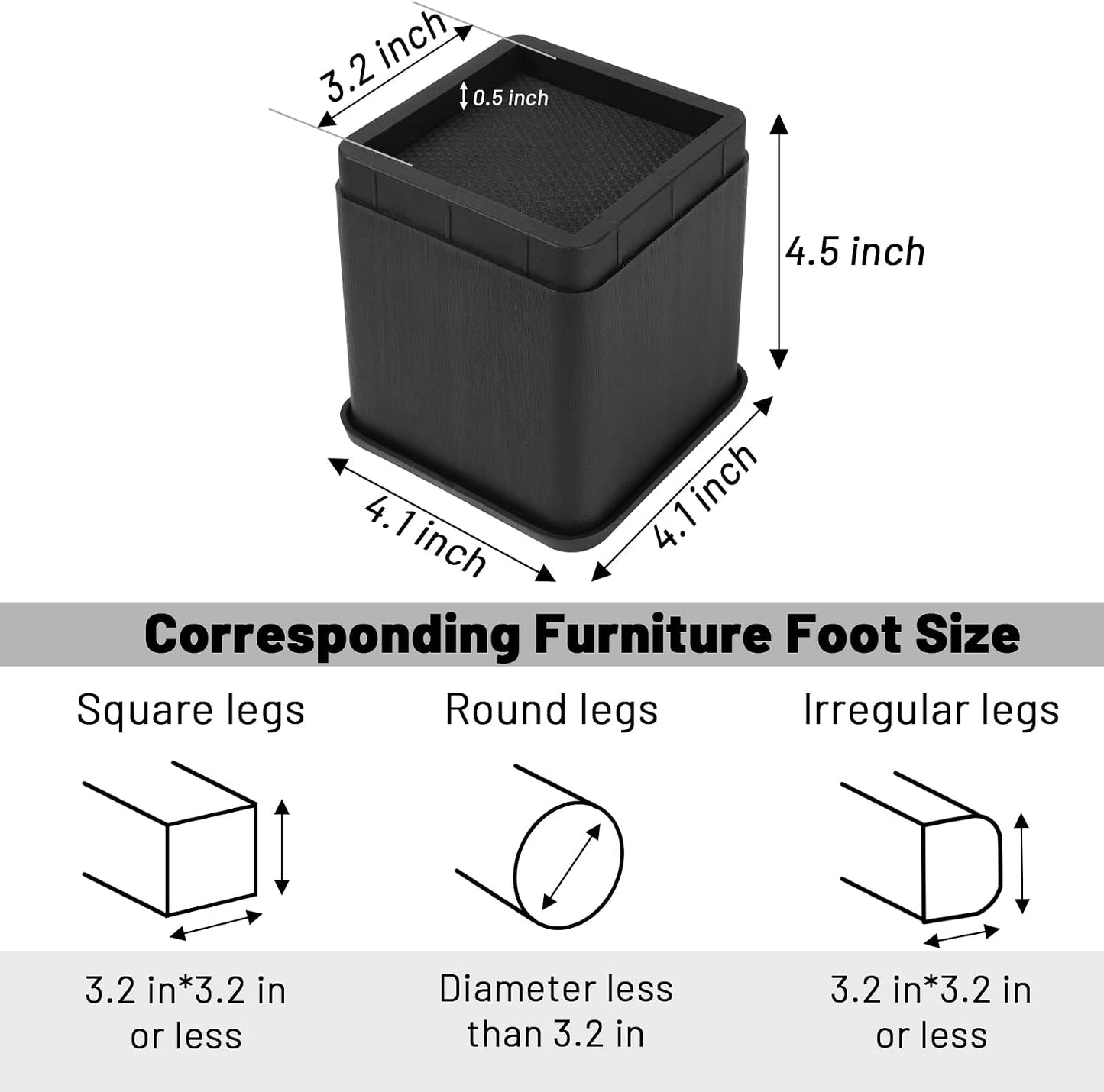 BTSD-home Bed Risers 4 Inch, 4 Pack | Heavy Duty Stackable Furniture Lifters for Dorm Beds, Sofas, Couches and Tables