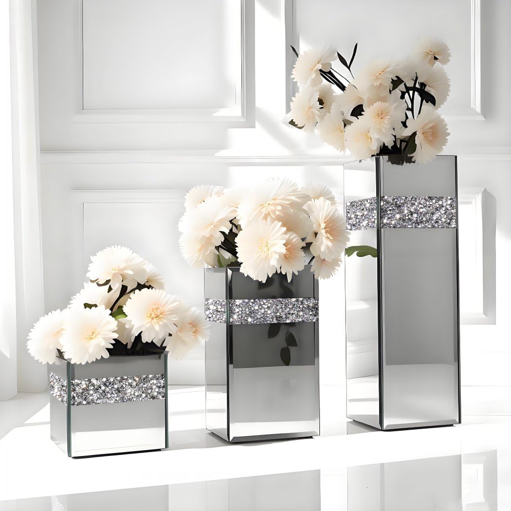 Crushed Diamond Mirrored Vase Pieces Small Middle Large. Crystal / 6 x 6 x 6 / Silver / Set of 3
