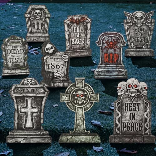 JOYIN 16" 9 Pcs Halloween Tombstones Decorations Outdoor, Graveyard Yard Lawn Plastic Headstones with 18 Metal Stakes for Halloween Cemetery, Indoor Decorations, Prop, Party Decor Supplies