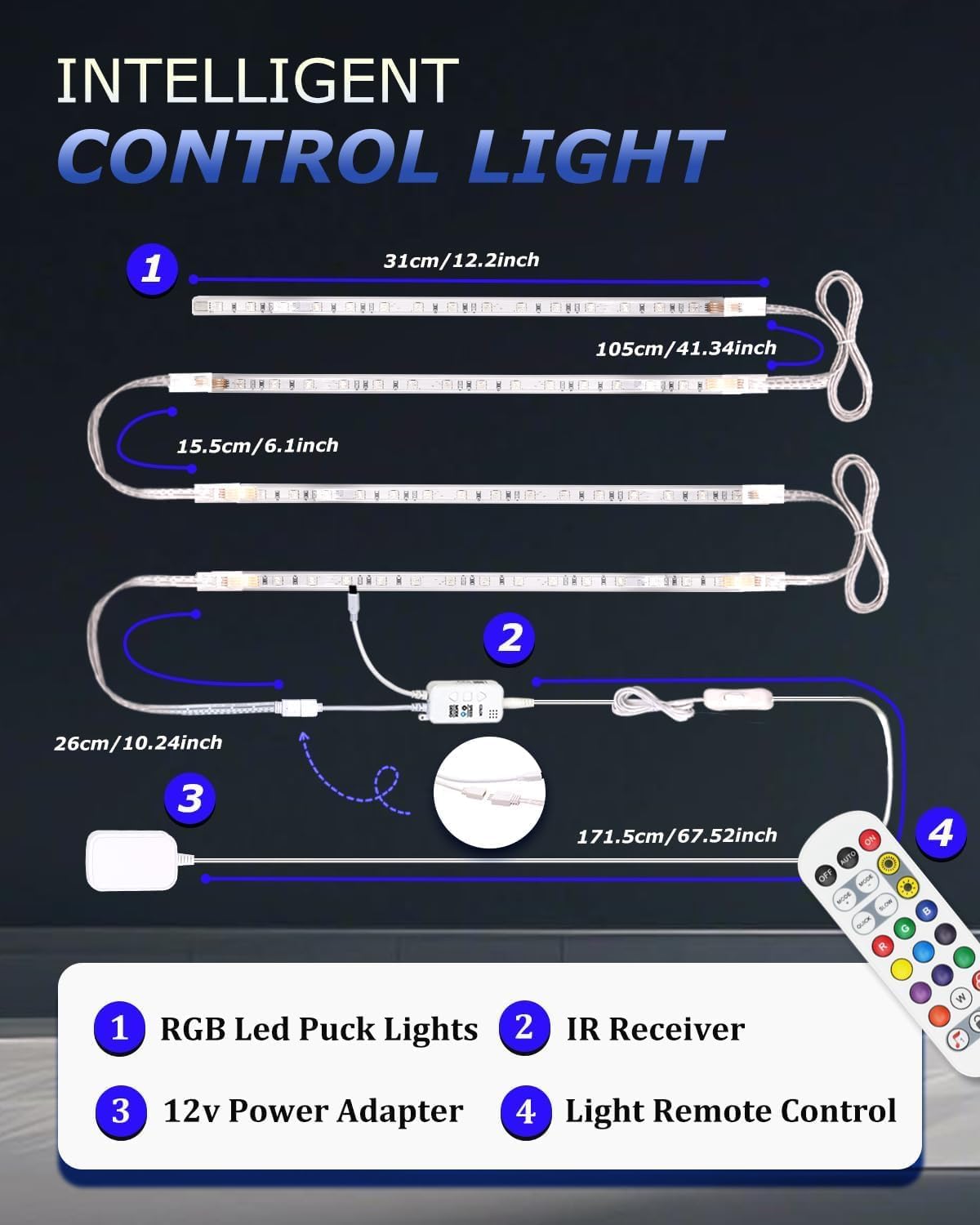 Cefrank Color Cabinet Lighting, 4pcs 12" Linkable RGB LED Light Bar Kit for Display Cabinet, Smart App & Remote