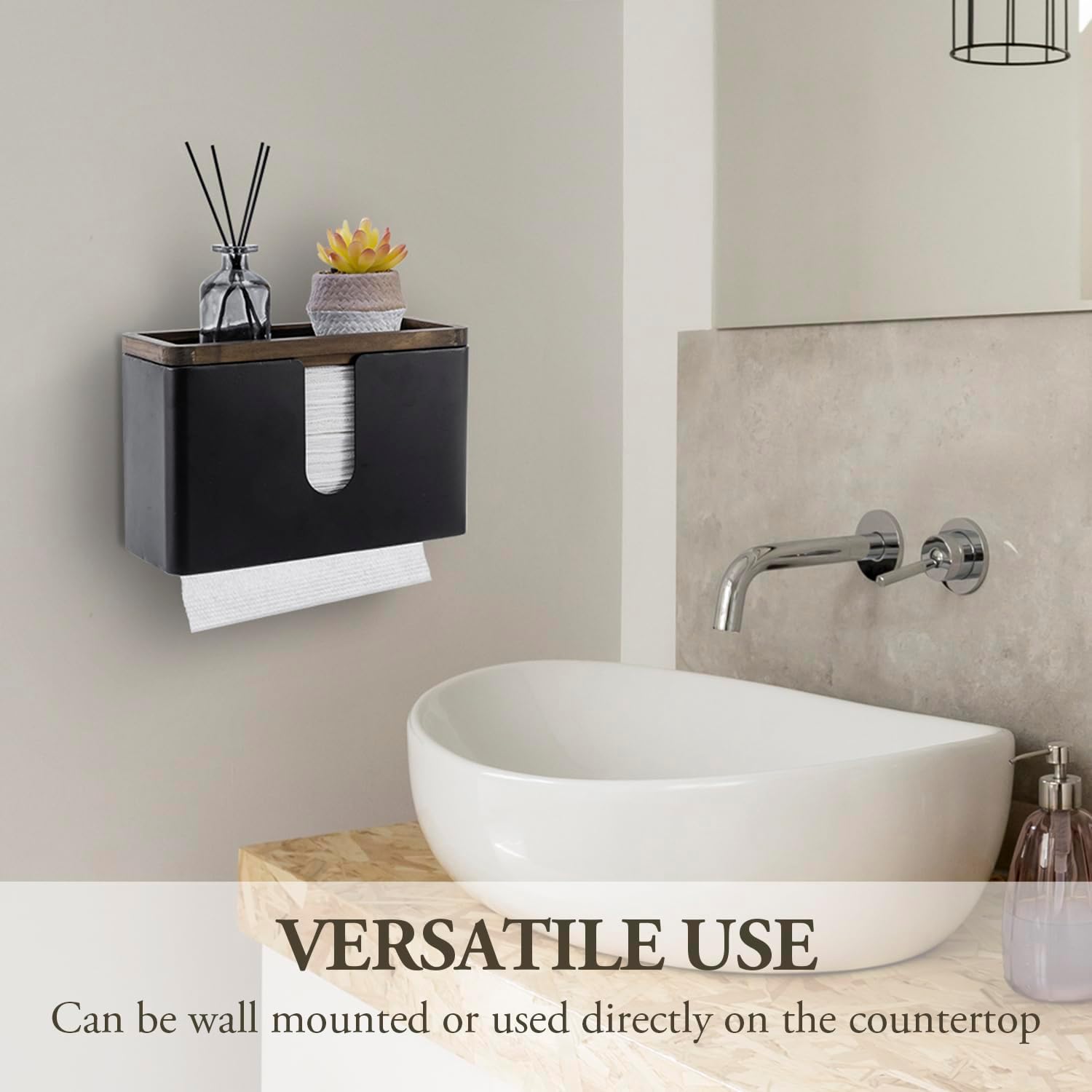MyGift Matte Black Metal Wall Mounted Paper Towel Holder Trifold Z Fold | Rustic Burnt Wood Top Shelf Adds Storage for