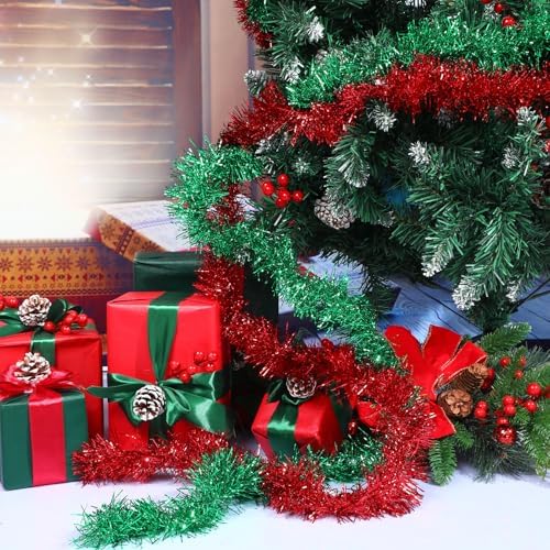 Shappy 90 ft 6 Rolls Christmas Tinsel Garland for Tree, Red, Green