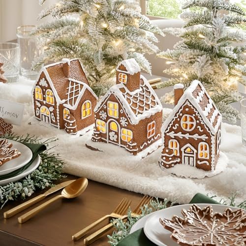 Resin Christmas Decorations: 3Pcs Light-Up Gingerbread House Christmas Village Collectible Figurines, Battery Powered LED Lights, Classic Gifts Swedish Xmas Decorations for Home Table Décor