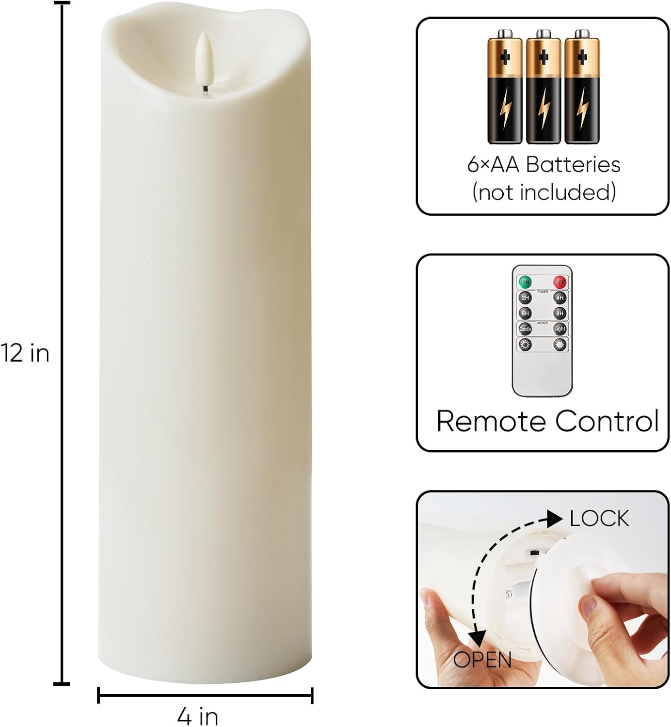 Homemory 4"x12" Outdoor Waterproof Flameless Candles with Timers and Remote Control, Battery Operated Candles, LED