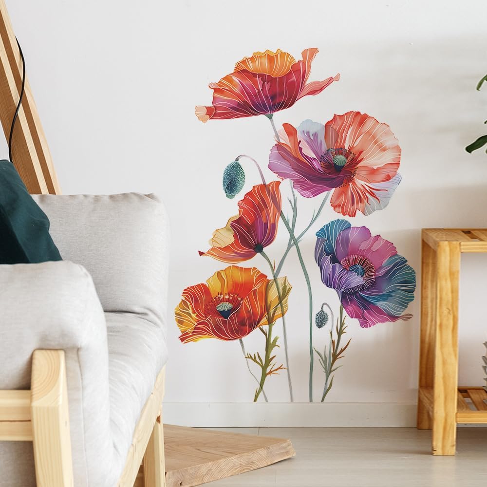 Poppy Flowers Wall Art Decals Boho Watercolor Floral Wall Stickers