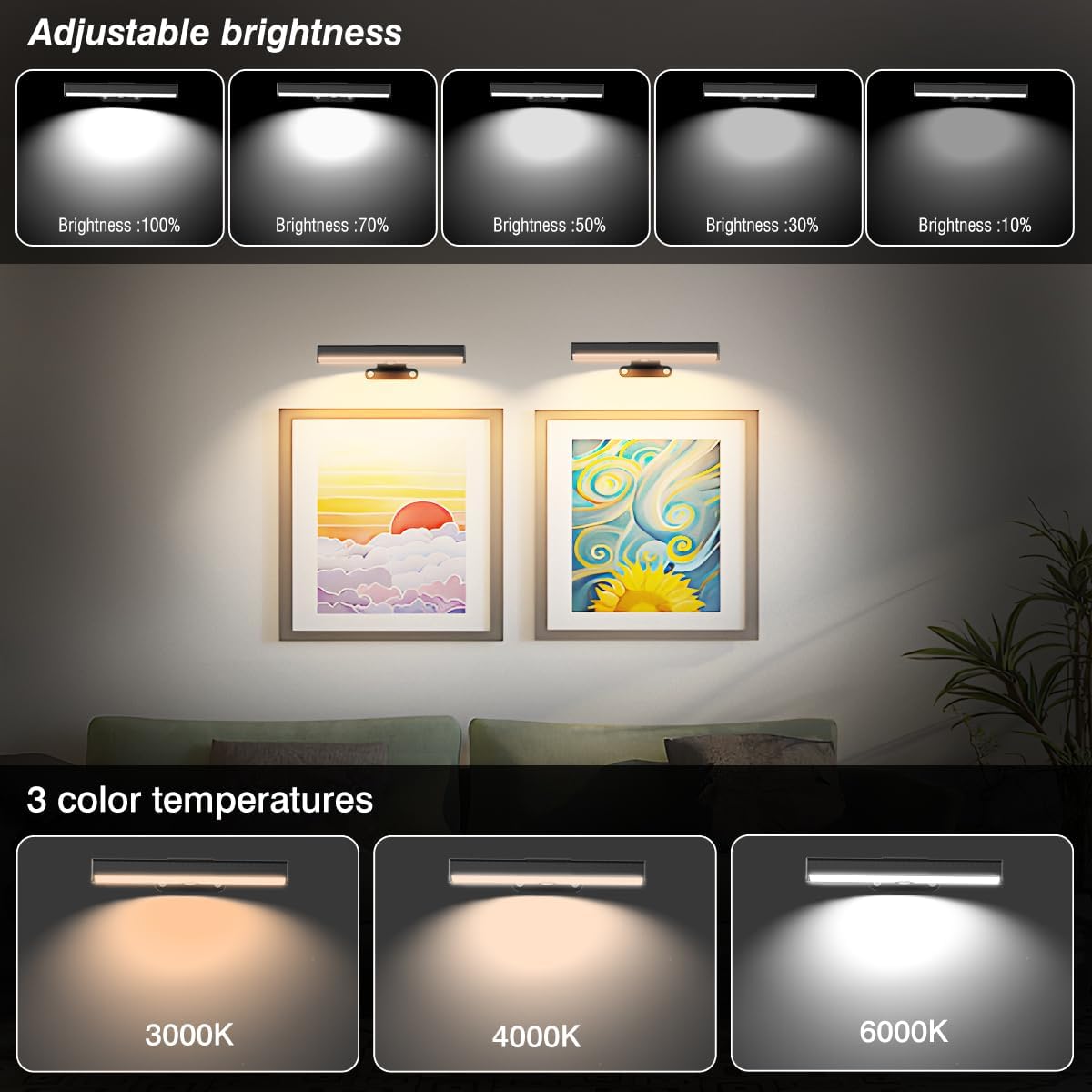 EUIOKUN Wireless Picture Light with Remote,Battery Operated Wall Sconces | 4Pcs Painting Light for Wall