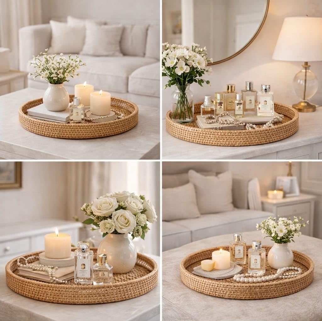 Round Rattan Serving Tray Set