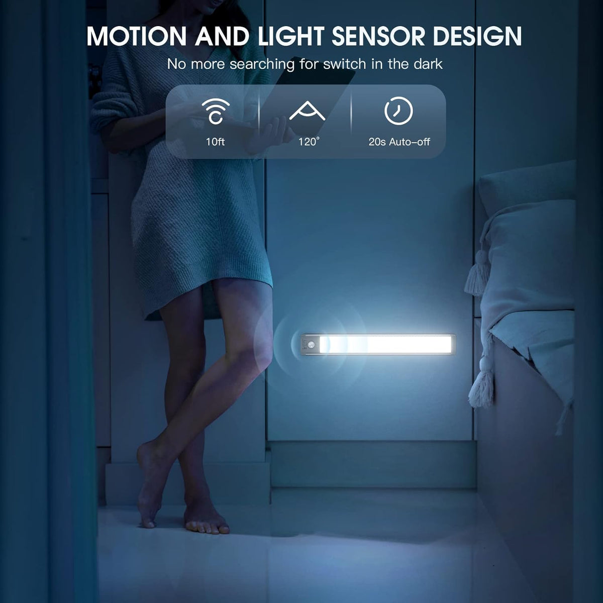 14.7inch Under Cabinet Lighting with 3 Color Temps, 2 Pack Rechargeable Motion Sensor Light Indoor, 5 Levels Dimmable