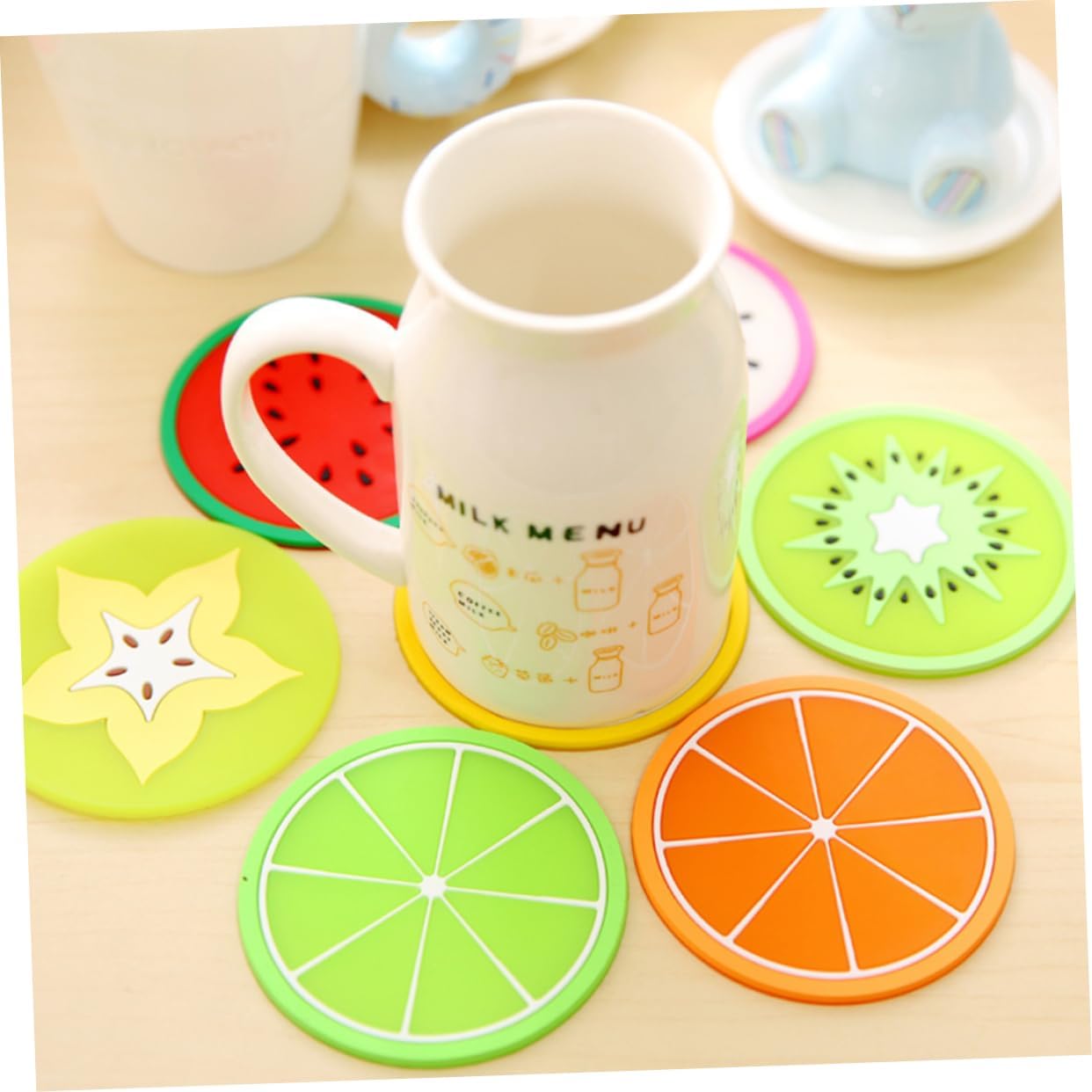Silicone Fruit Coasters Non-Slip Heat Resistant Round Cup Mats / Set of 7