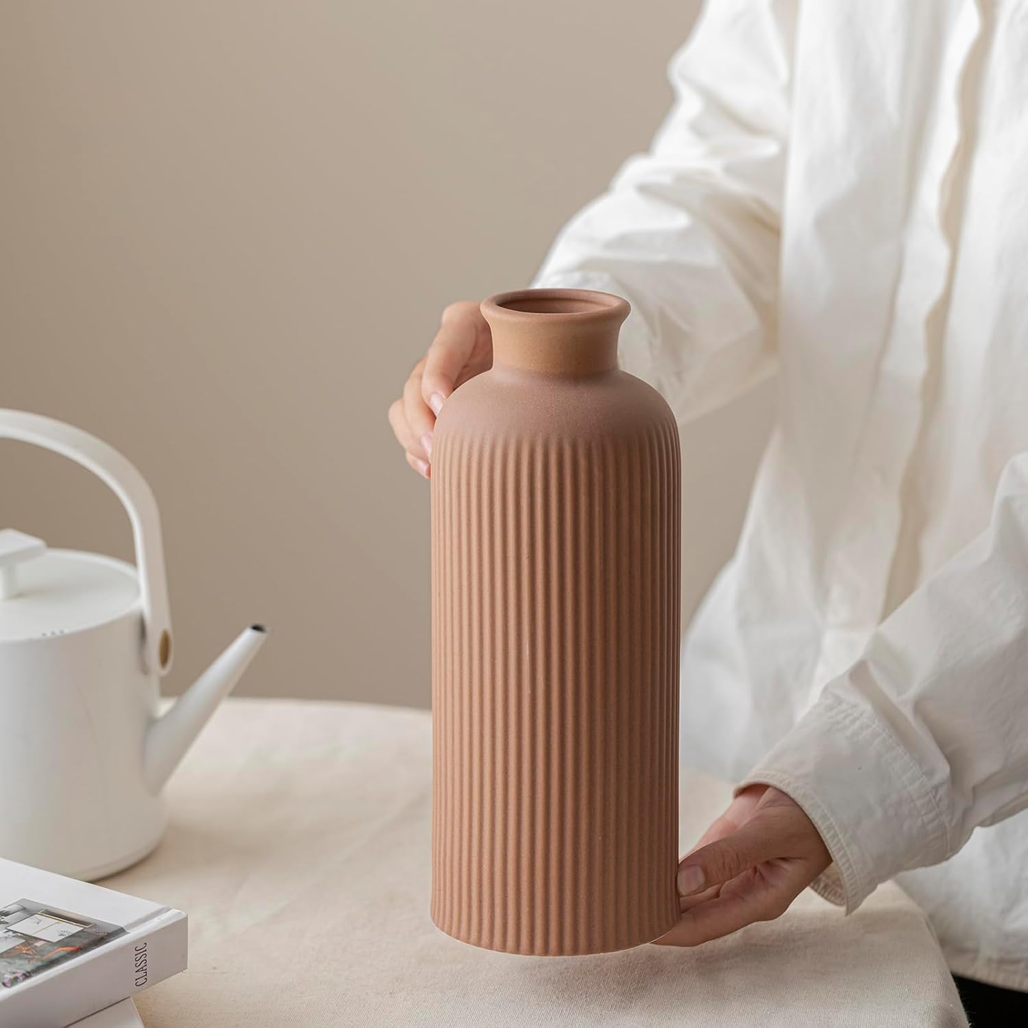 Ribbed Ceramic Vase for Flowers / Coffee / 10 Inch