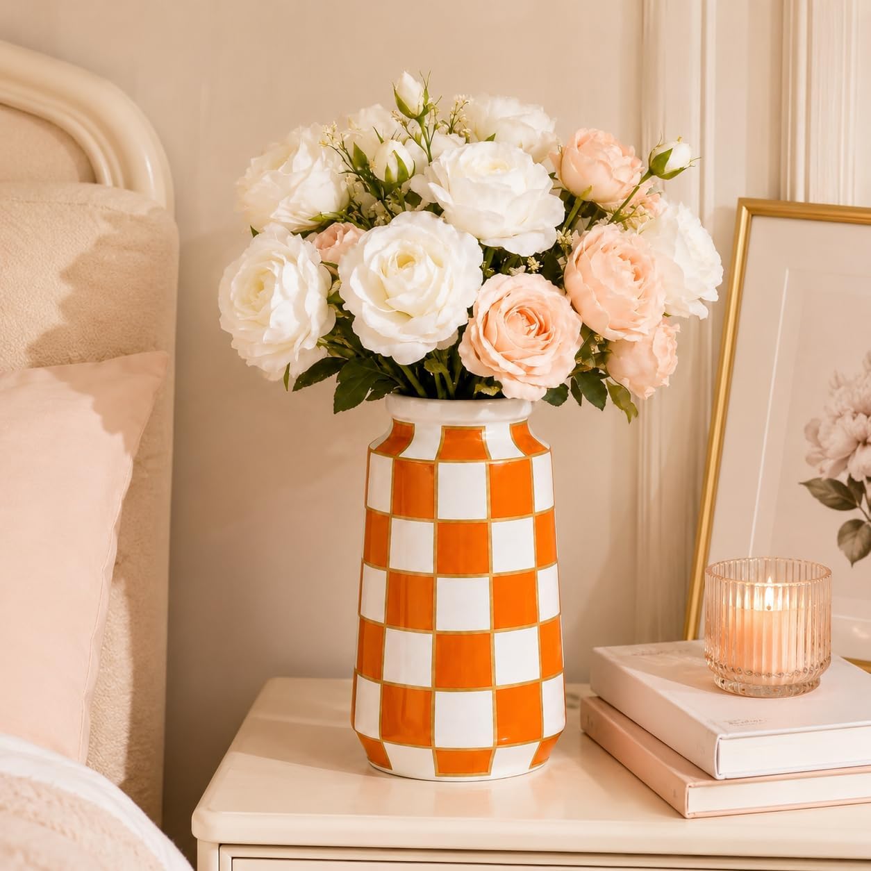 Black and White Ceramic Vase / Orange