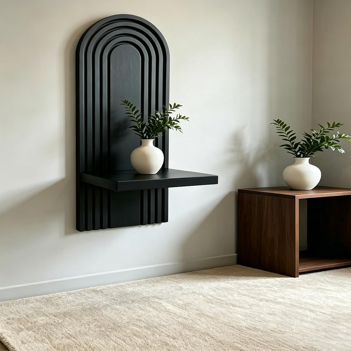 Boho Rattan Wall Floating Shelves / Black / Set of 2