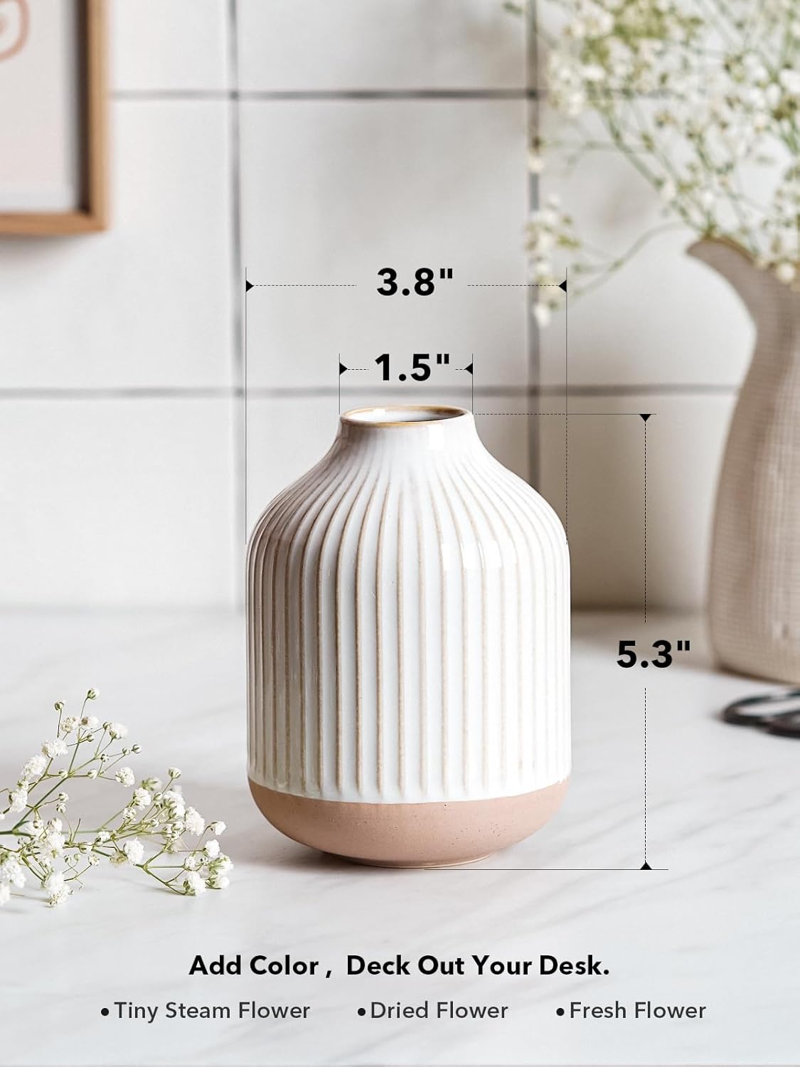 Rustic Vase / Lines / White / 5.3 Inch