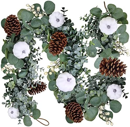 Winlyn Fall White Pumpkin Artificial Eucalyptus Garland with Pumpkins Pinecones Berries - Fall Decor, 5.9' L - Farmhouse Wedding Arch Backdrop, Thanksgiving Mantel, Table Runner, Centerpiece