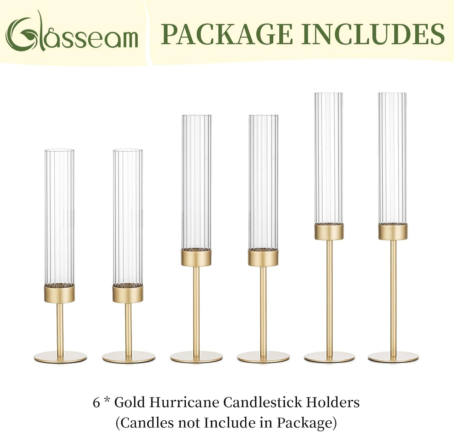 Glasseam Hurricane Gold Candlestick Holders: 6Pcs Taper with Glass Cylinder | Brass Candle Stick, Ribbed, Fluted Shade