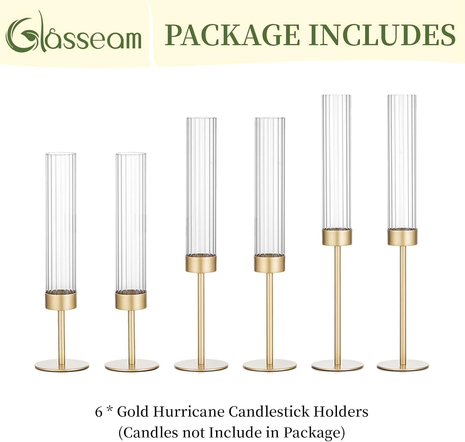 Glasseam Hurricane Gold Candlestick Holders: 6Pcs Taper with Glass Cylinder | Brass Candle Stick, Ribbed, Fluted Shade