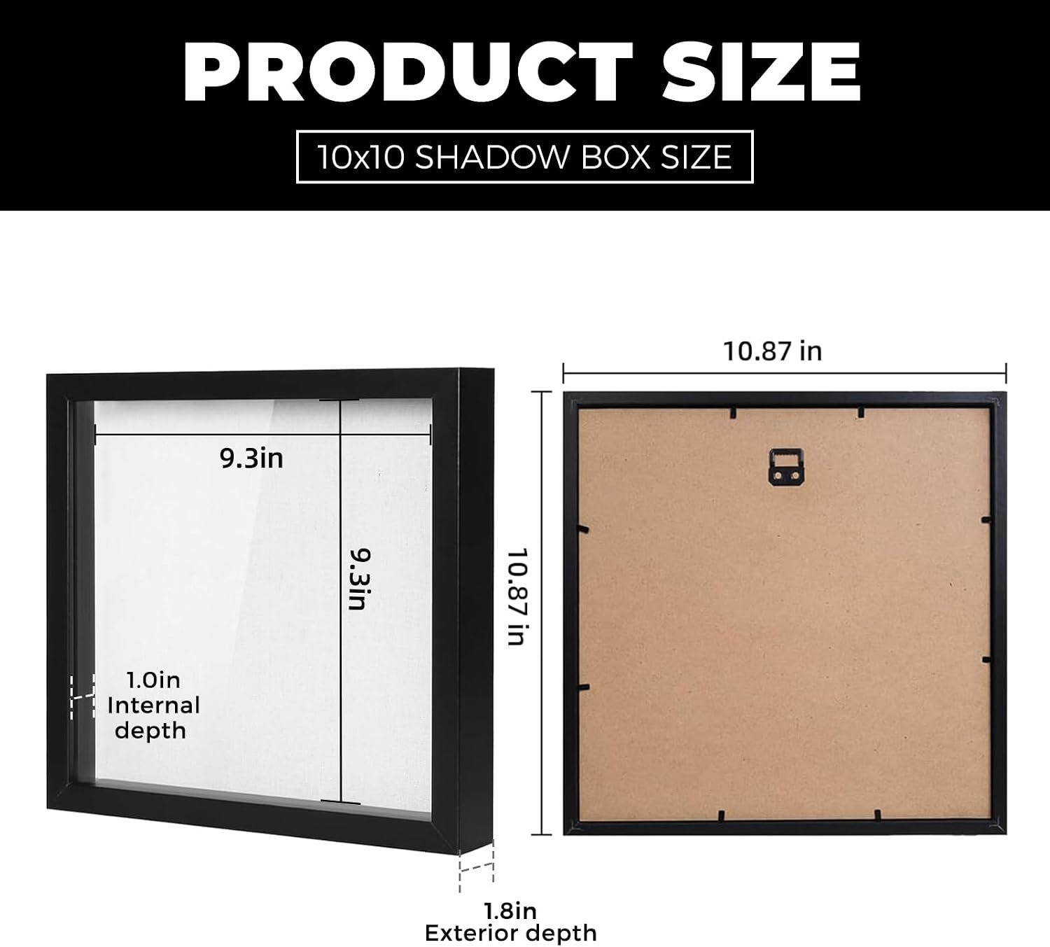 Muzilife 10x10 Shadow Box Wood Picture Frame, HD Glass, 2PCS, Black | FSC-Certified MDF | Soft Acid-free Linen Board