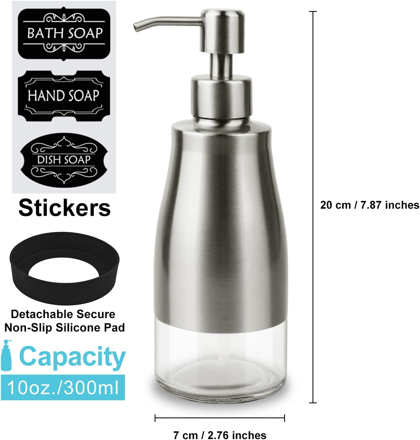 AUMIO 2-Pack Soap Dispenser Set, Stainless Steel & Glass with Silicone Pad | Detachable Non-Slip Silicone Pad | Stable
