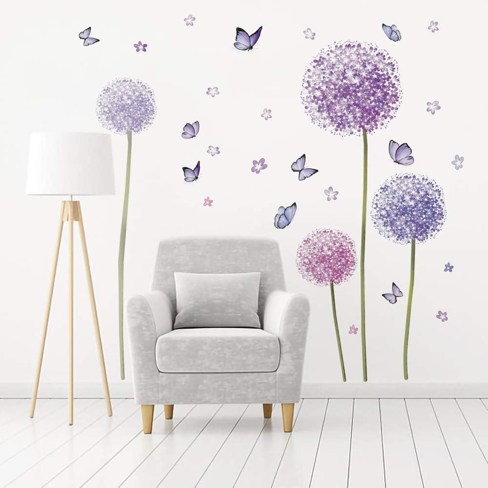 Flower Wall Decals Dandelion Butterfly Wall Stickers / Purple Flower and Butterfly