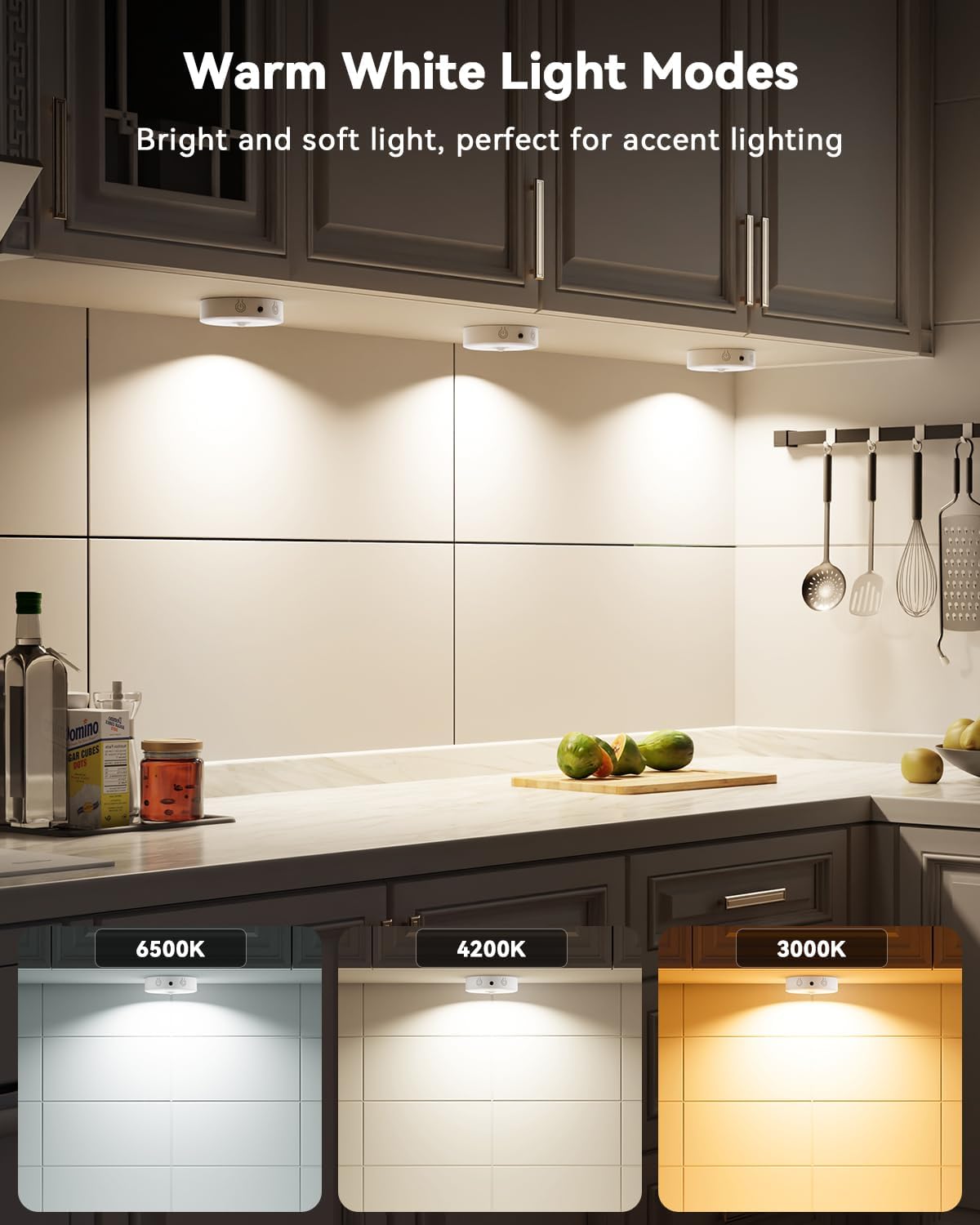 LENOMA Puck Lights with Remote 4 Pack Rechargeable Under Cabinet Lighting | 3 Color Temps 12 RGB Color LED Motion