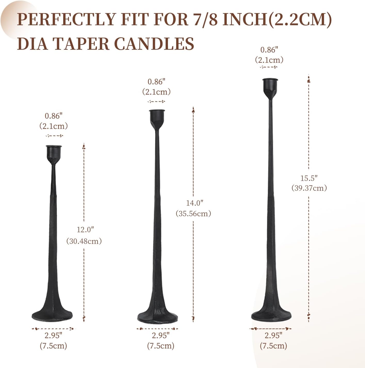 Set of 3 Candle Stick Holders,Iron Black Candlestick Holders, Fits 3/4 inch Thick Candles, Tapered Candle Holders Tall