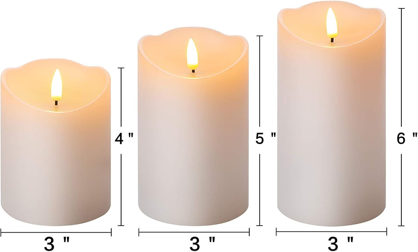 White Flameless Pillar Candles with Remote Set of 3 | Flickering LED Wax Candles, 2 AA Battery Powered, Melted Edge