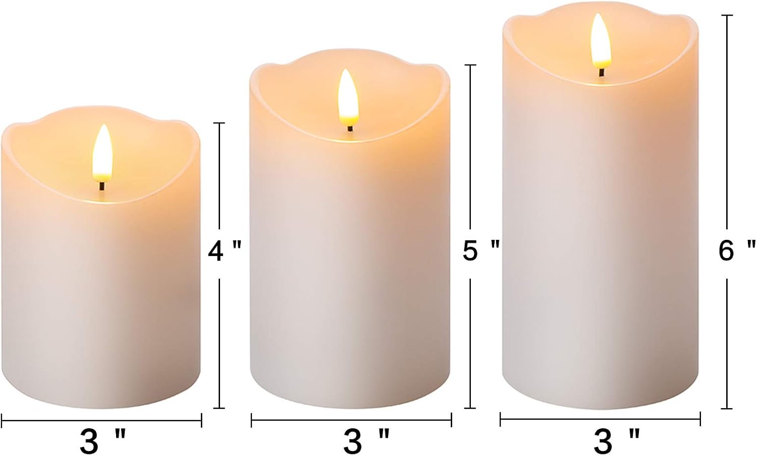 White Flameless Pillar Candles with Remote Set of 3 | Flickering LED Wax Candles, 2 AA Battery Powered, Melted Edge