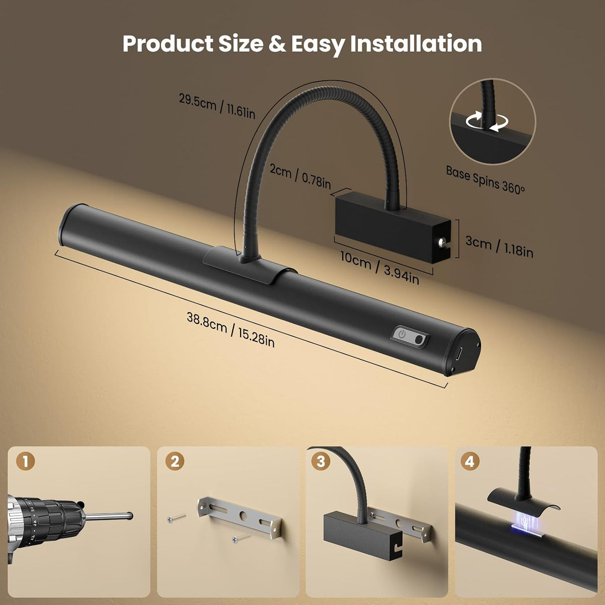 iMaihom Picture Lights for Wall Battery Operated, 15.3" Rechargeable Picture Light with Remote, Magnetic Cordless Art