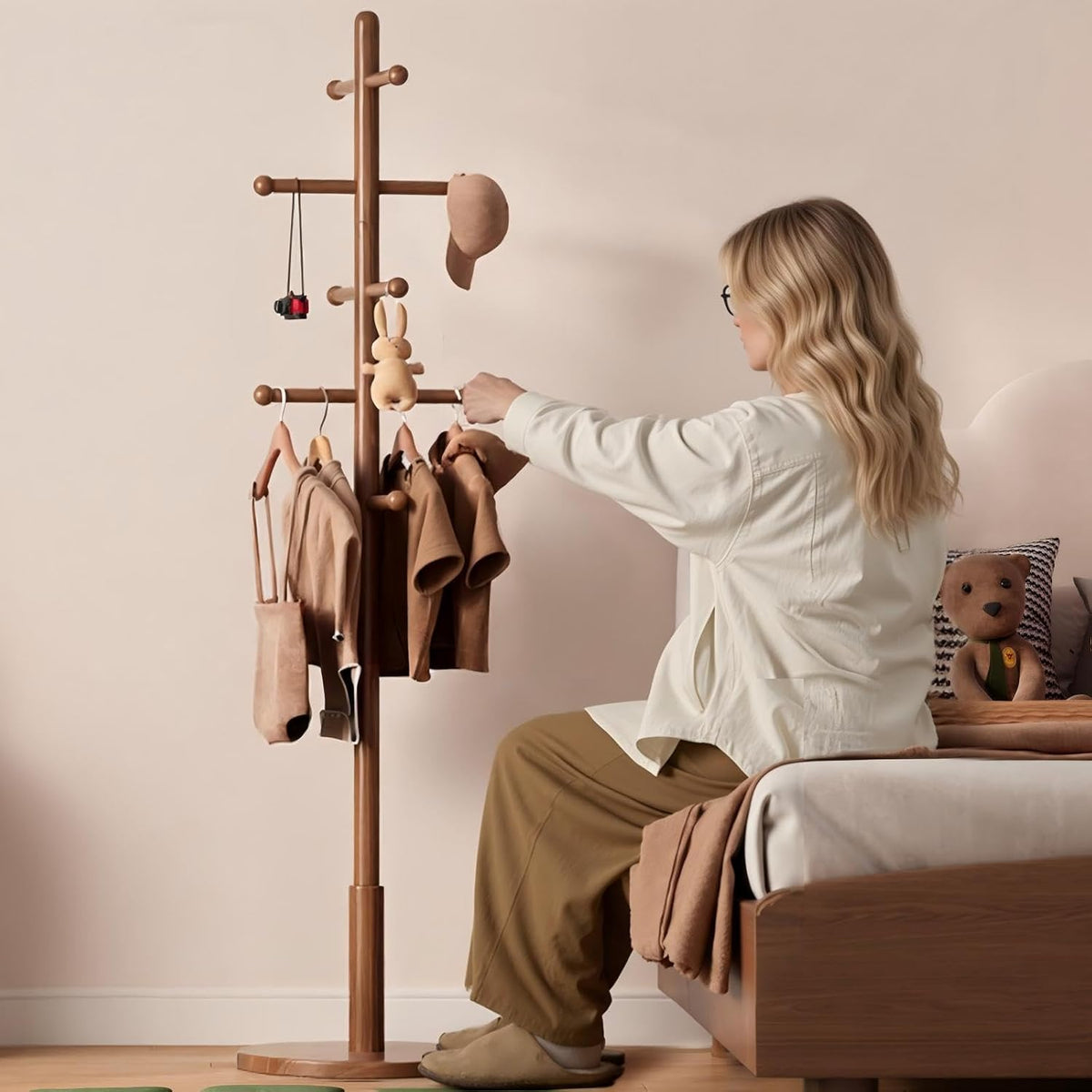 Solid Wood Coat Rack Freestanding with 10 Hooks, Coat tree freestanding 3 Adjustable Heights for coat, Hats, Handbags