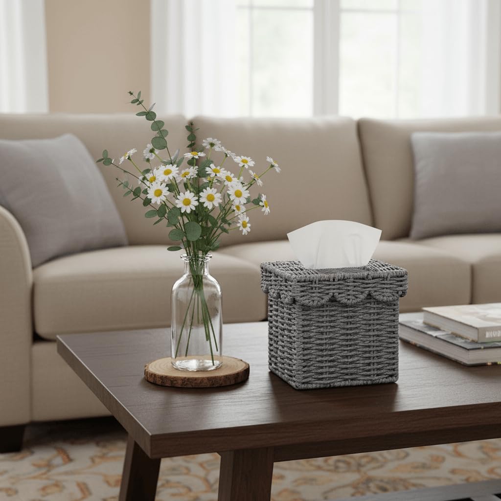 Square Wicker Tissue Box Holder Facial Tissues Boxes w/Scalloped Lid / Grey