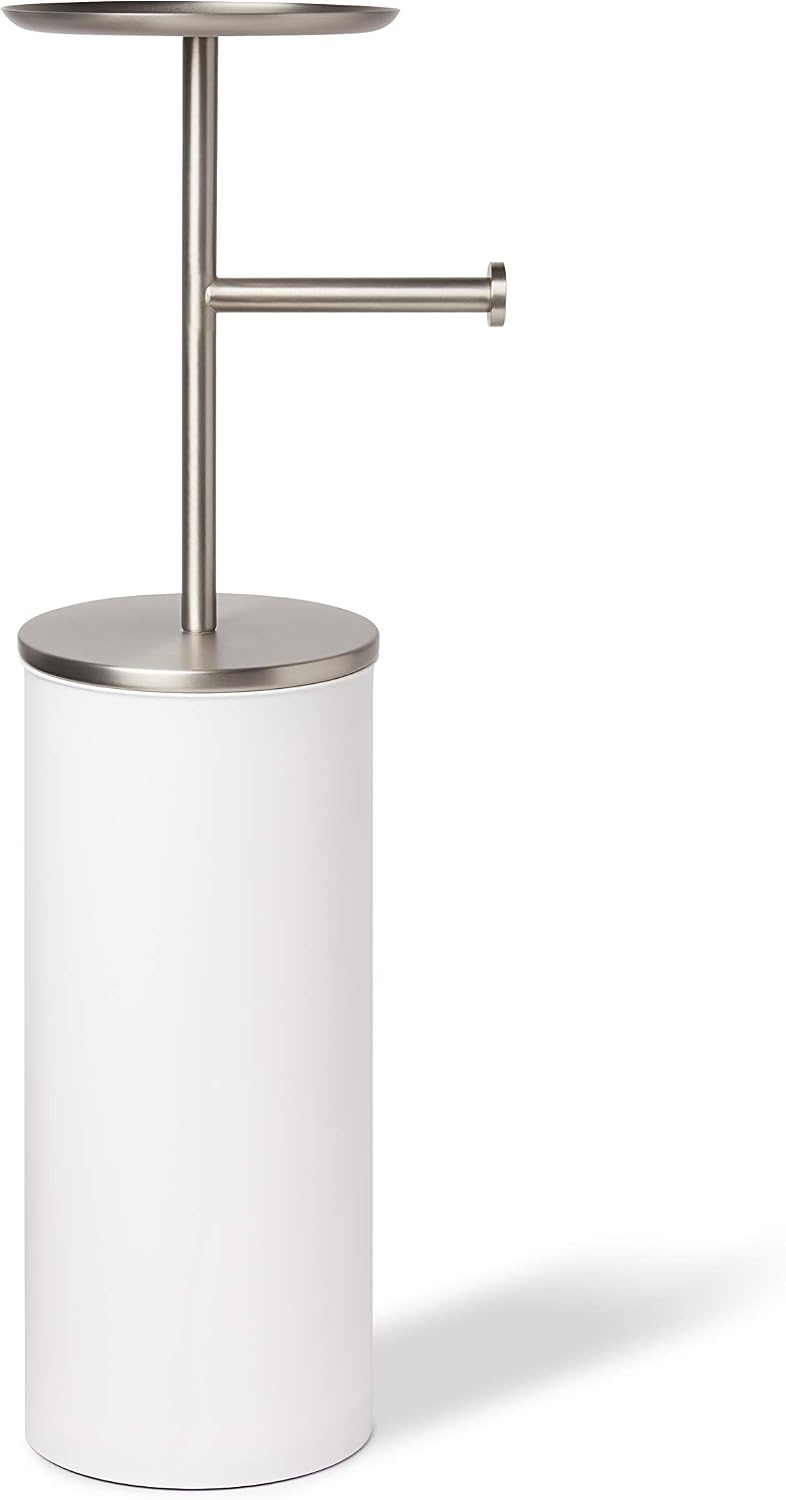 Umbra Portaloo Toilet Paper Stand, Freestanding with Storage, White/Nickel | Steel construction, built-in tray, holds