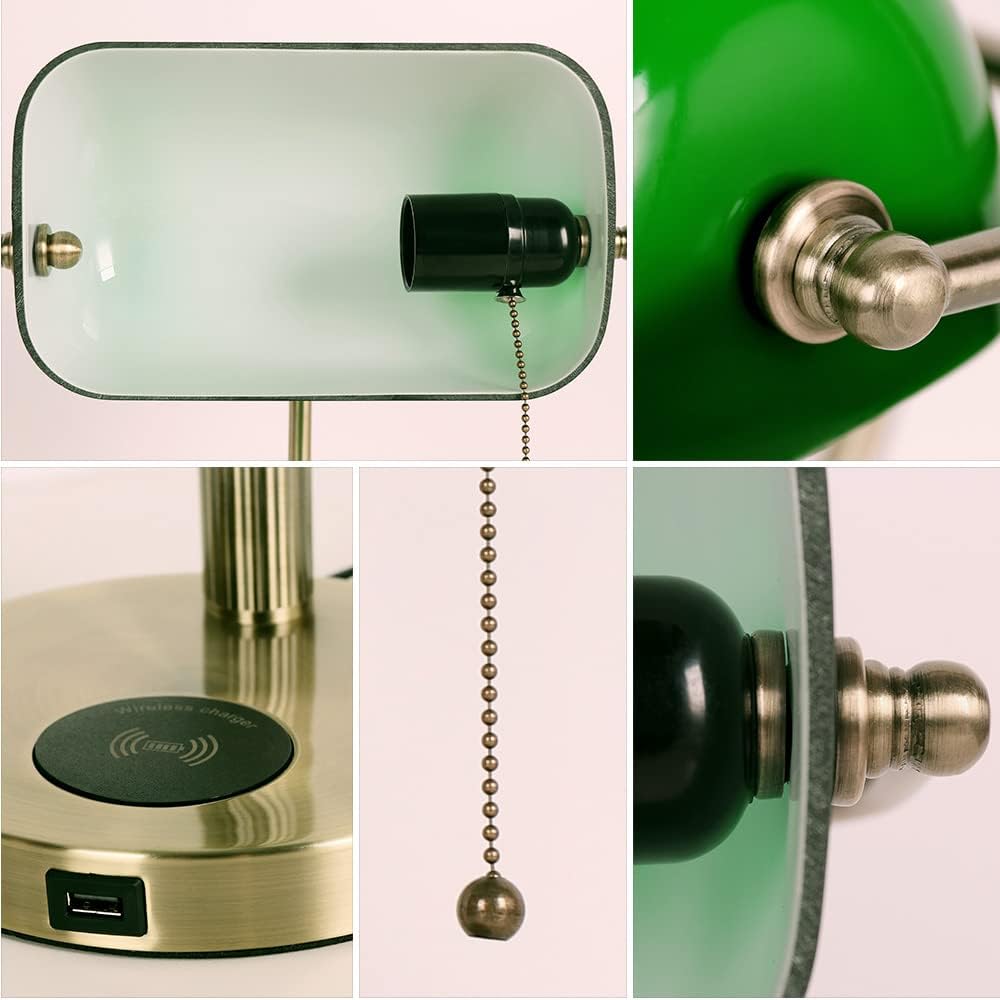 FIRVRE Glass Bankers Desk Lamp,USB Wireless Charging Port LED Desk Lamp, Classic Retro Pull Chain Switch Table lamp