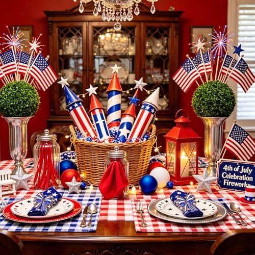 Patriotic Bow Napkin Rings Set of 8, 4th of July Red Blue White Metal Bow with Star Napkin Rings Holder for Independence Day, Presidential Election, Memorial, 250th Anniversary Table Decor