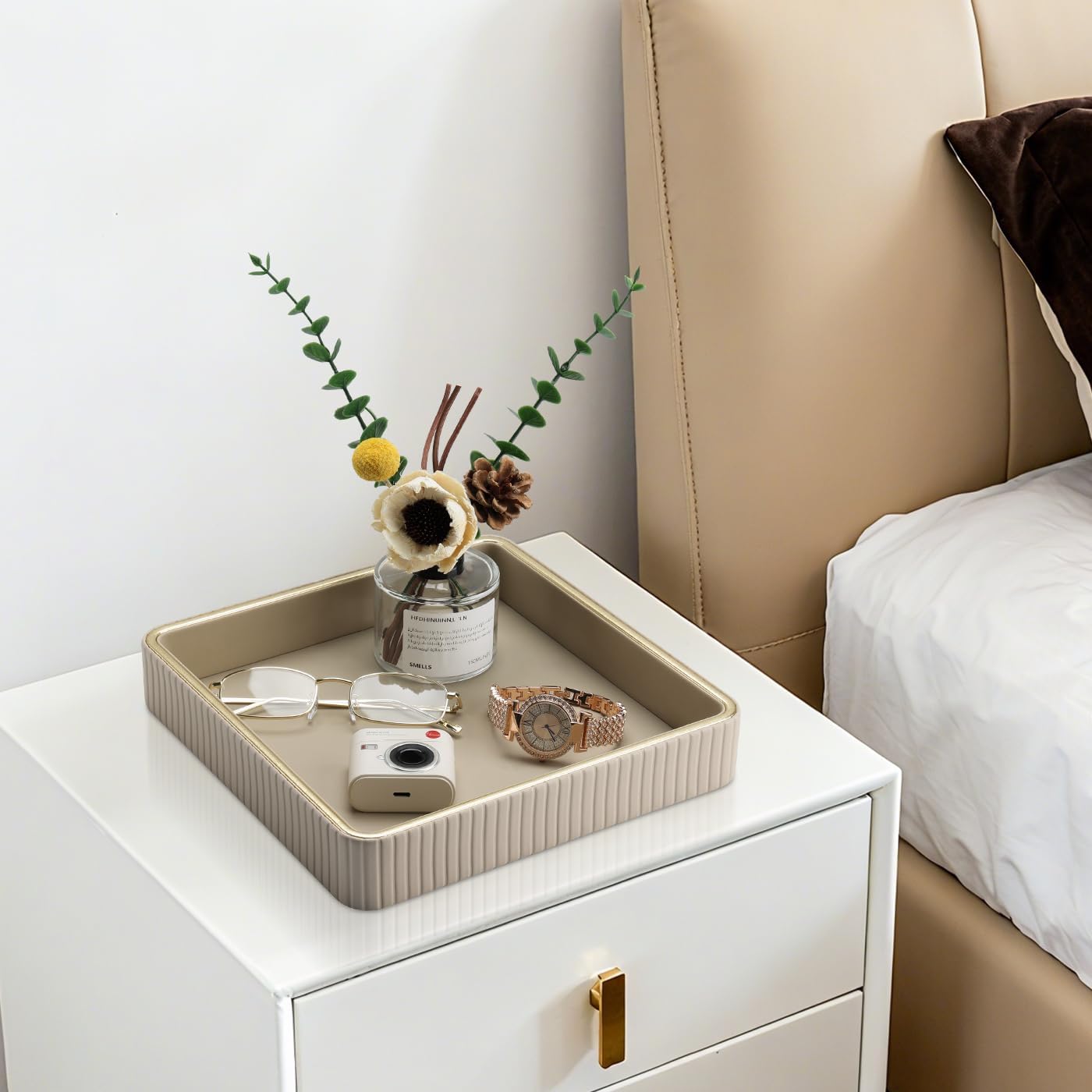 Square Perfume Tray Nightstand Organizer / Beige