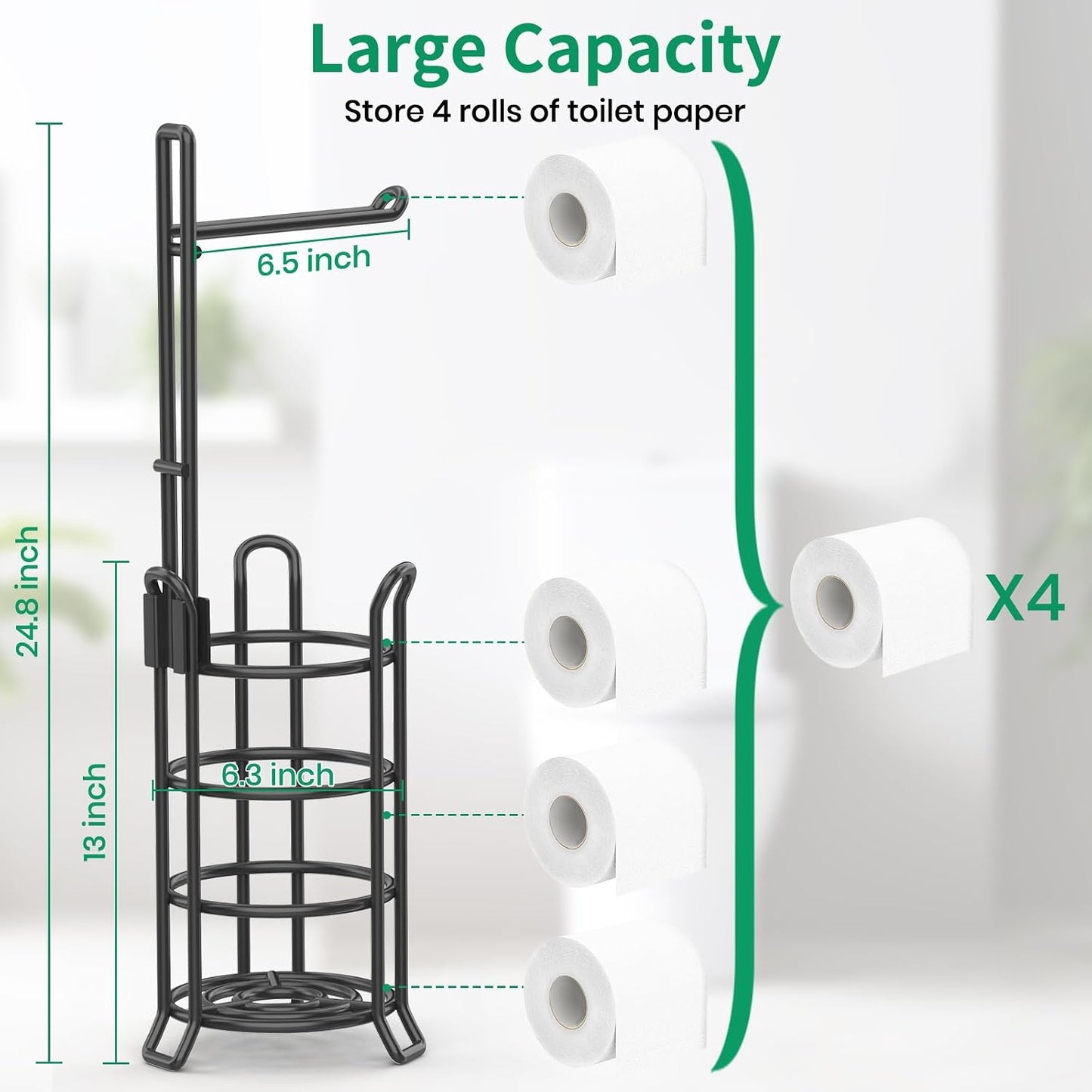 TomCare Toilet Paper Holder Stand Free Standing, Holds 4 Mega Rolls, Black | Tool-Free Assembly, Detachable Metal Wire