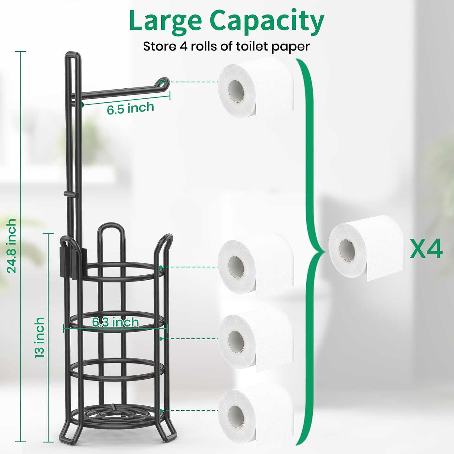 TomCare Toilet Paper Holder Stand Free Standing, Holds 4 Mega Rolls, Black | Tool-Free Assembly, Detachable Metal Wire