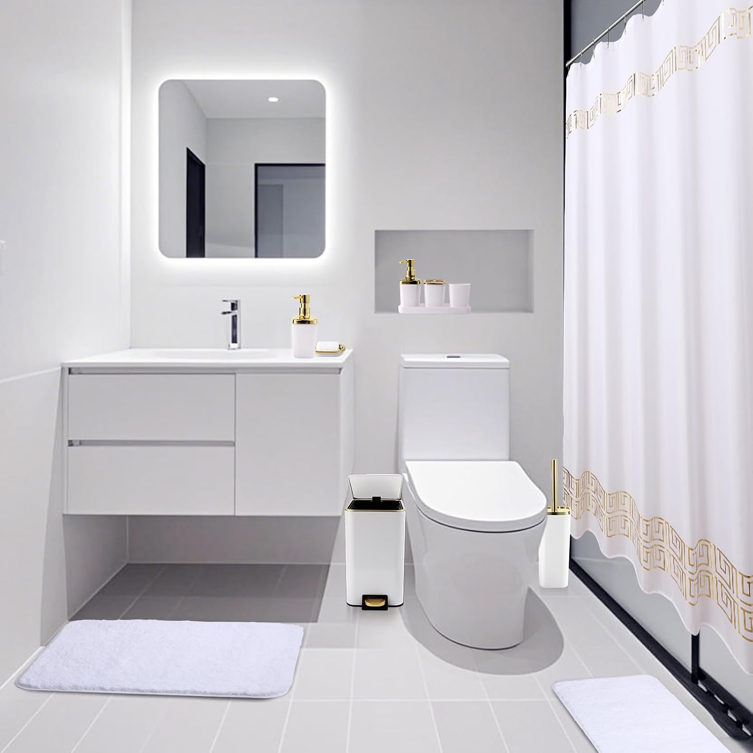 XLHOMO 11PCS Bathroom Sets with Shower Curtain and Rugs Bathroom Accessories Set White Bathroom Set,Soap Dispenser &