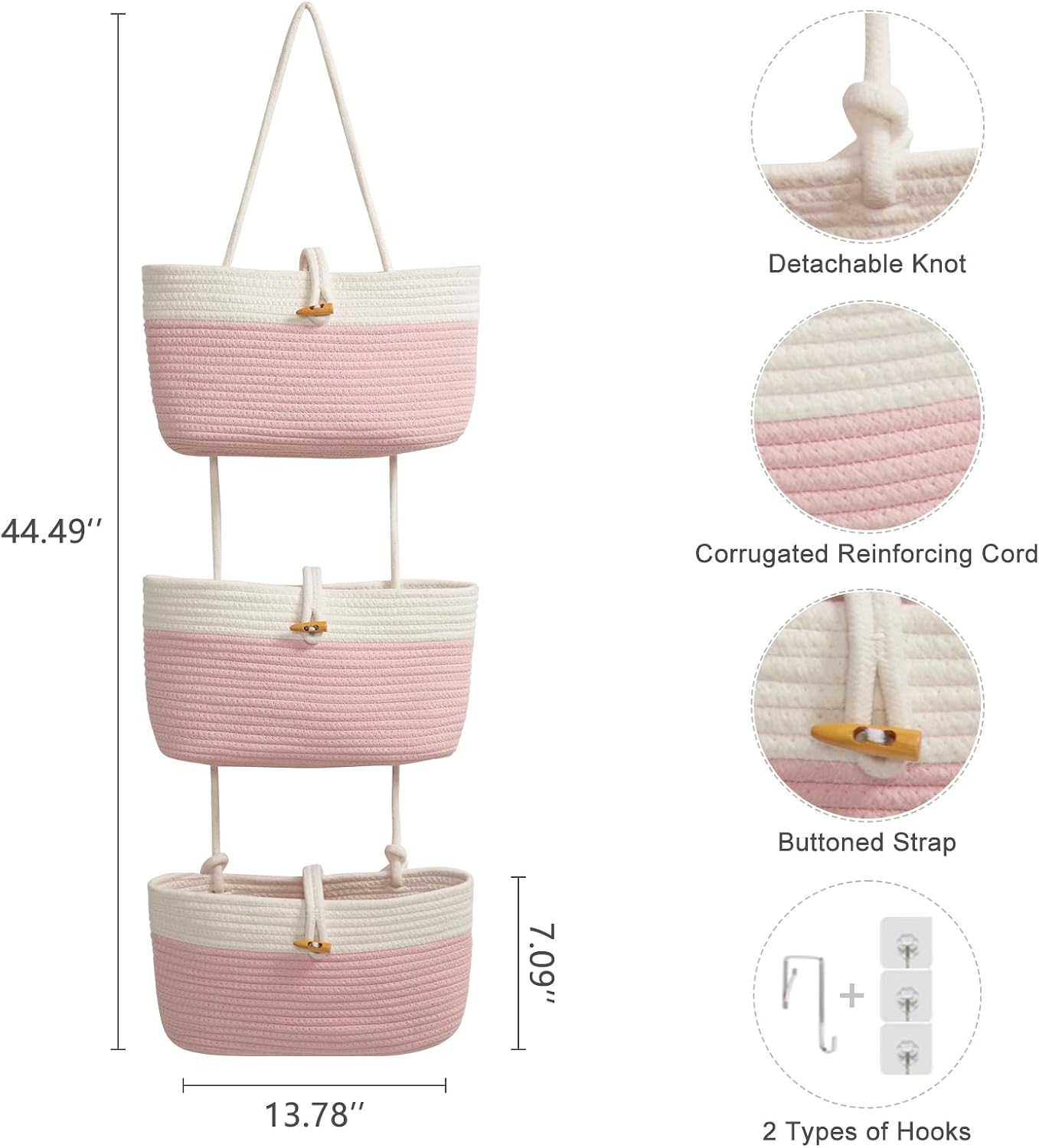 3-Tier Woven Cotton Storage Organizer Bag / Pink+white / 3 Tier+button