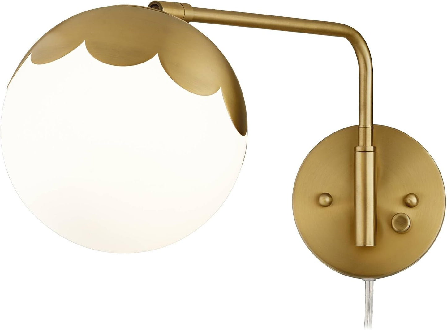 Camila 8 1/4" Brass and Glass Globe Plug-In Modern Wall Lamp Light Fixture | Indoor Swing Arm Antique Metal Dimmable