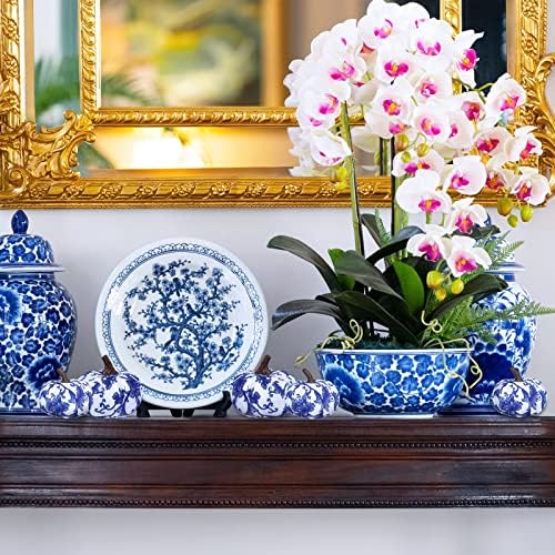 Winlyn 16 Pcs Assorted Small Faux Decorative Blue and White Fabric Pumpkins Foam Chinoiserie Chic Pumpkins for Farmhouse Fall Halloween Thanksgiving Bowl Centerpiece Table Mantel Home Decor Gifts