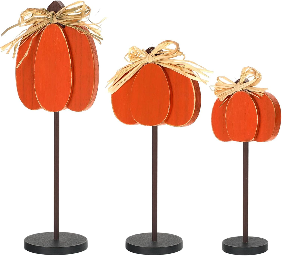 Thyle 3 Pcs Fall Pumpkin Decor, Wooden, Orange