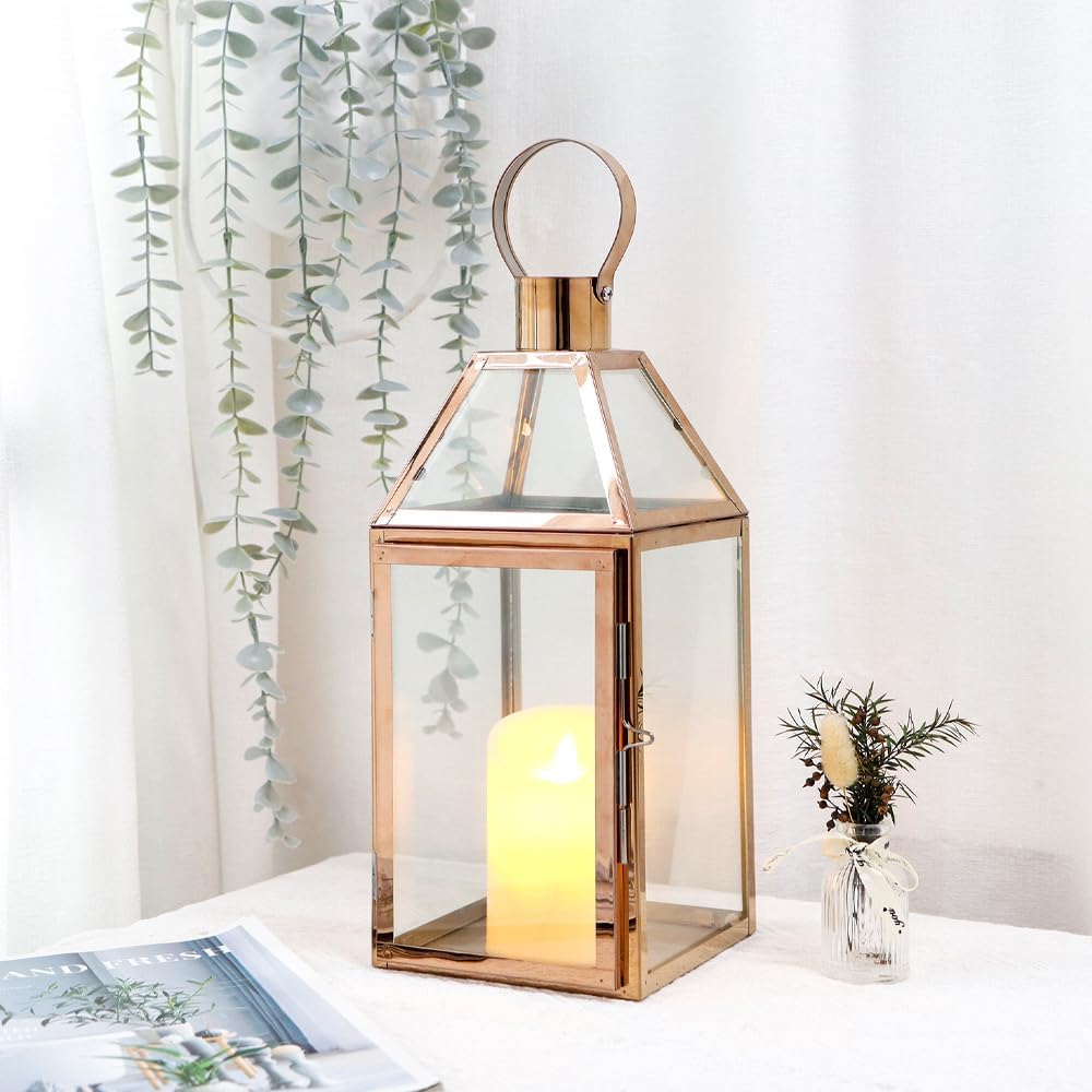 JHY Design Rose Gold Decorative Lanterns 16 inch High Stainless Steel Candle Lanterns with Tempered Glass for Indoor