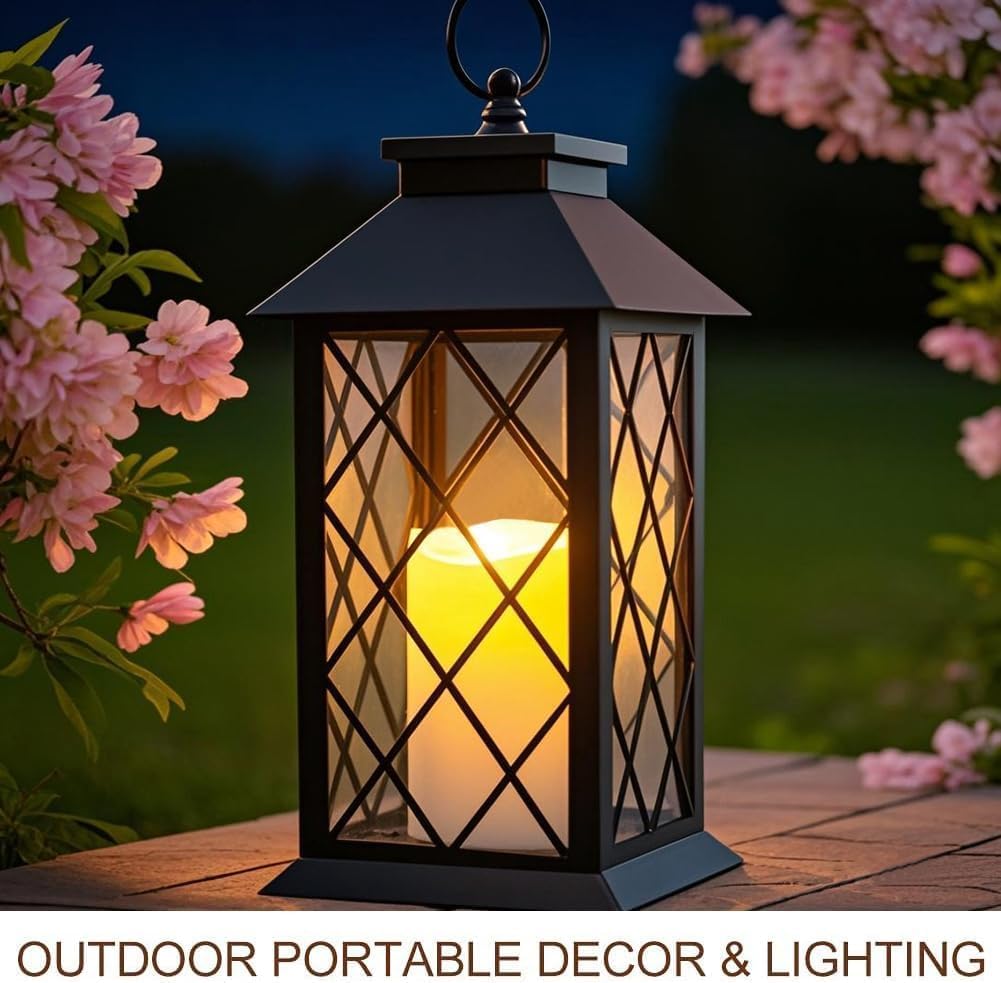 13.5" Black Vintage Candle Lantern with LED Pillar Candle and Timer - IP44 Waterproof Porch Light - Tabletop Lantern